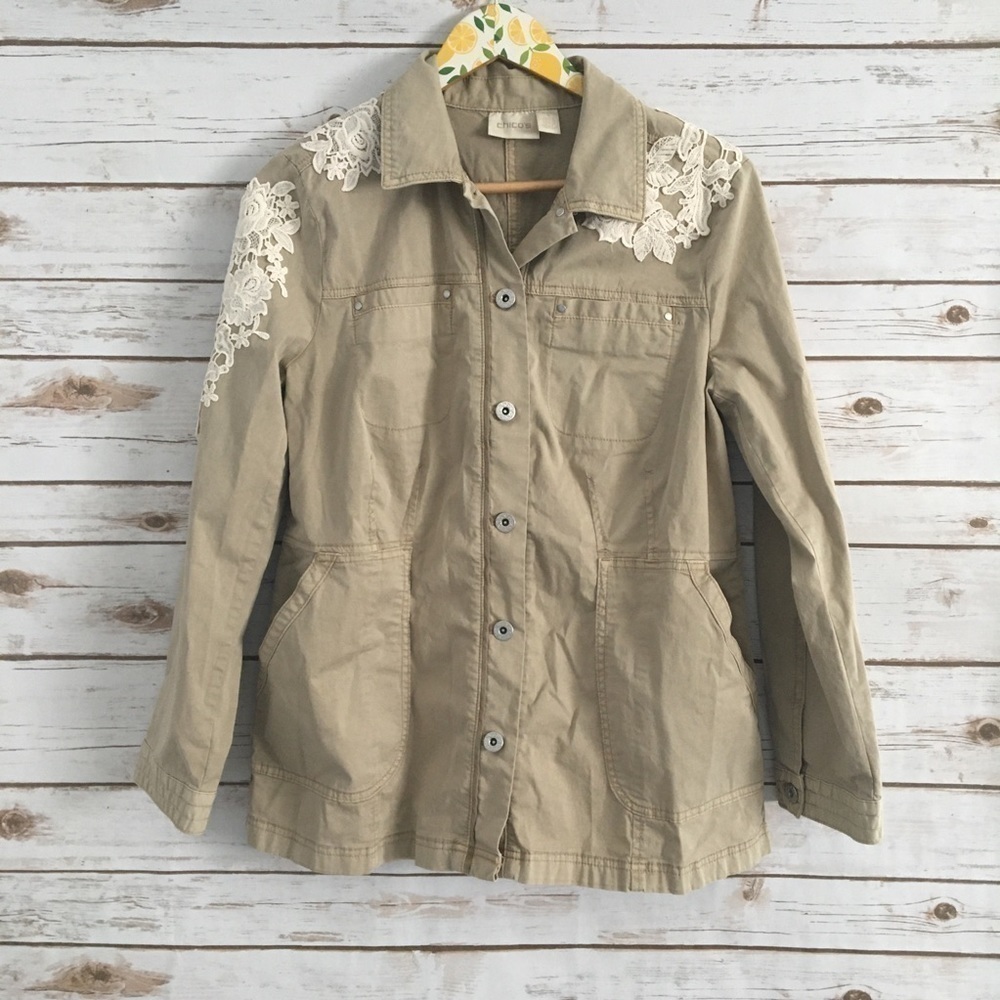 Chico's Beige Crochet Detail Button Down Jacket 1